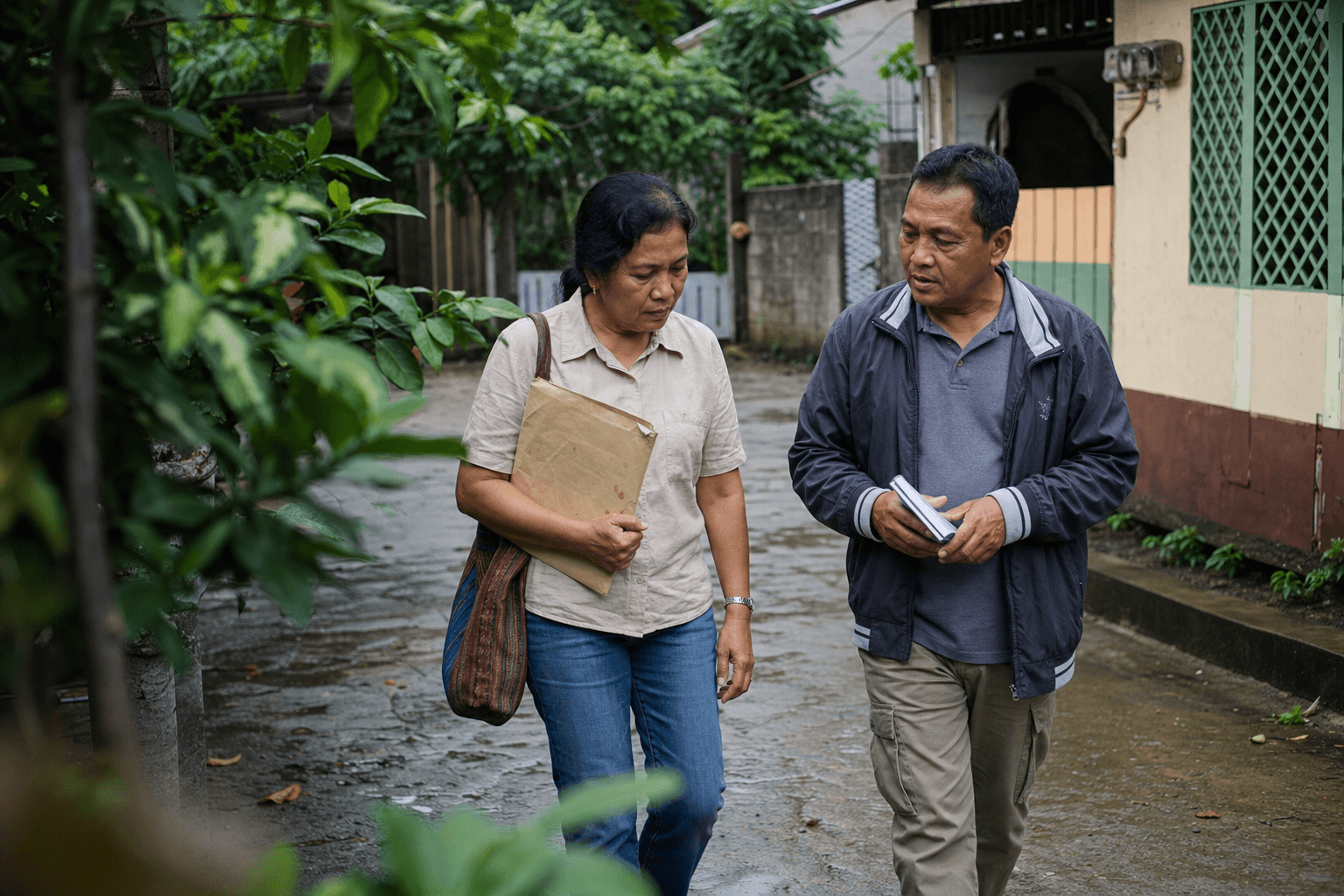Two Philippine field leaders comparing observations while walking after a community visit.