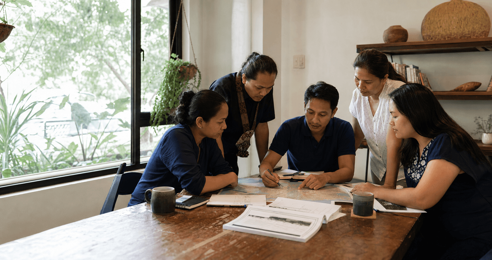 AI-generated editorial concept of Filipino adults reviewing a map and program records together.