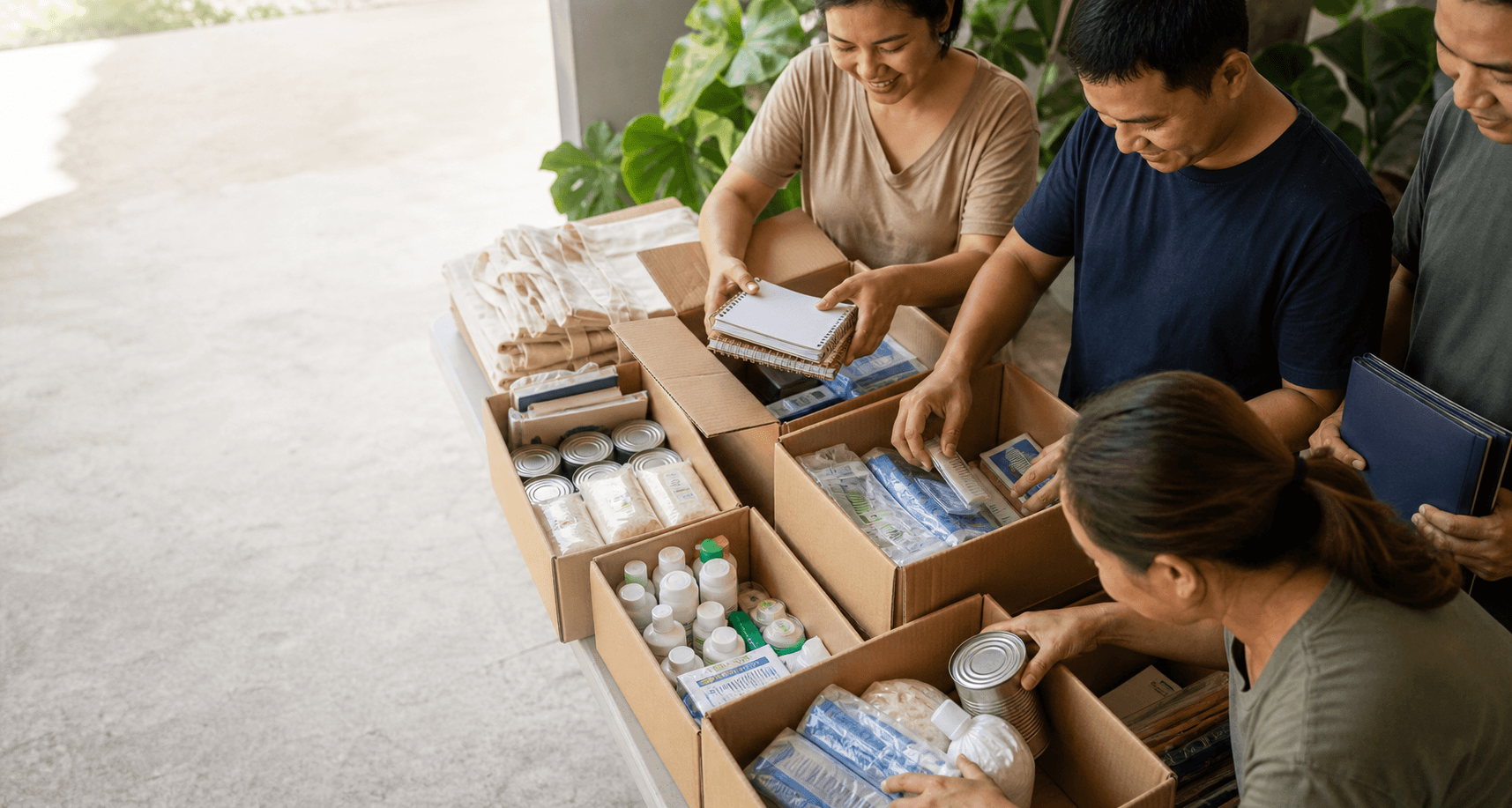 AI-generated editorial concept of adults packing nutrition, health, and learning supplies into program kits.
