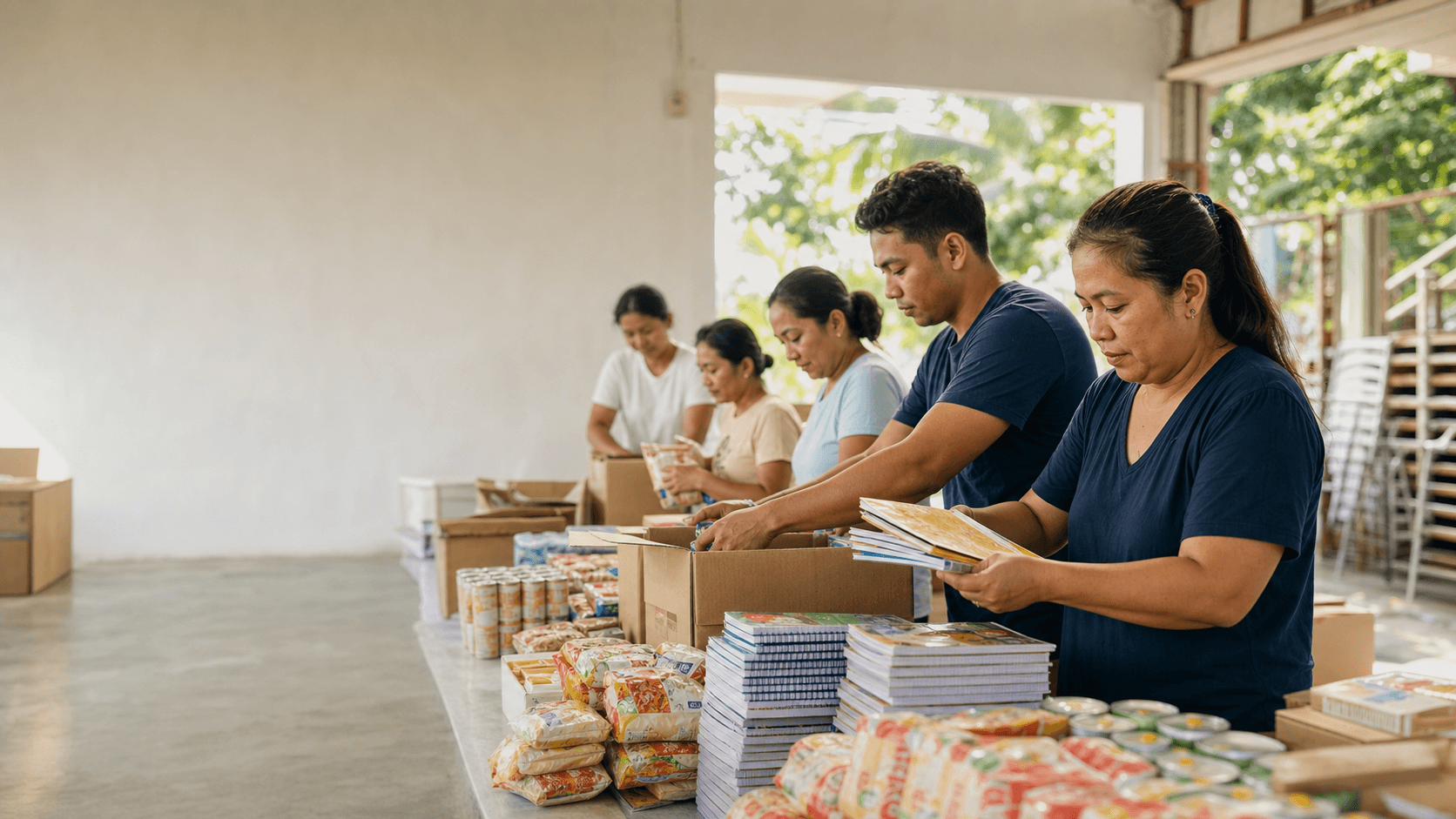 AI-generated editorial concept of adults organizing food and learning supplies in a bright community workspace.