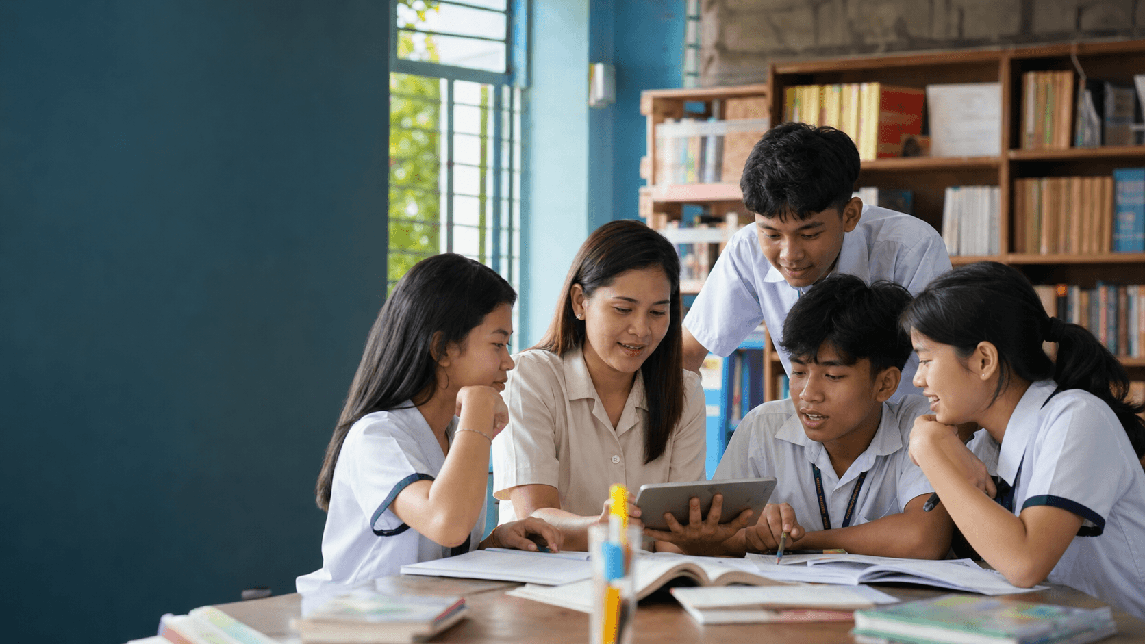 AI-generated editorial concept of students and a teacher learning together with a tablet.