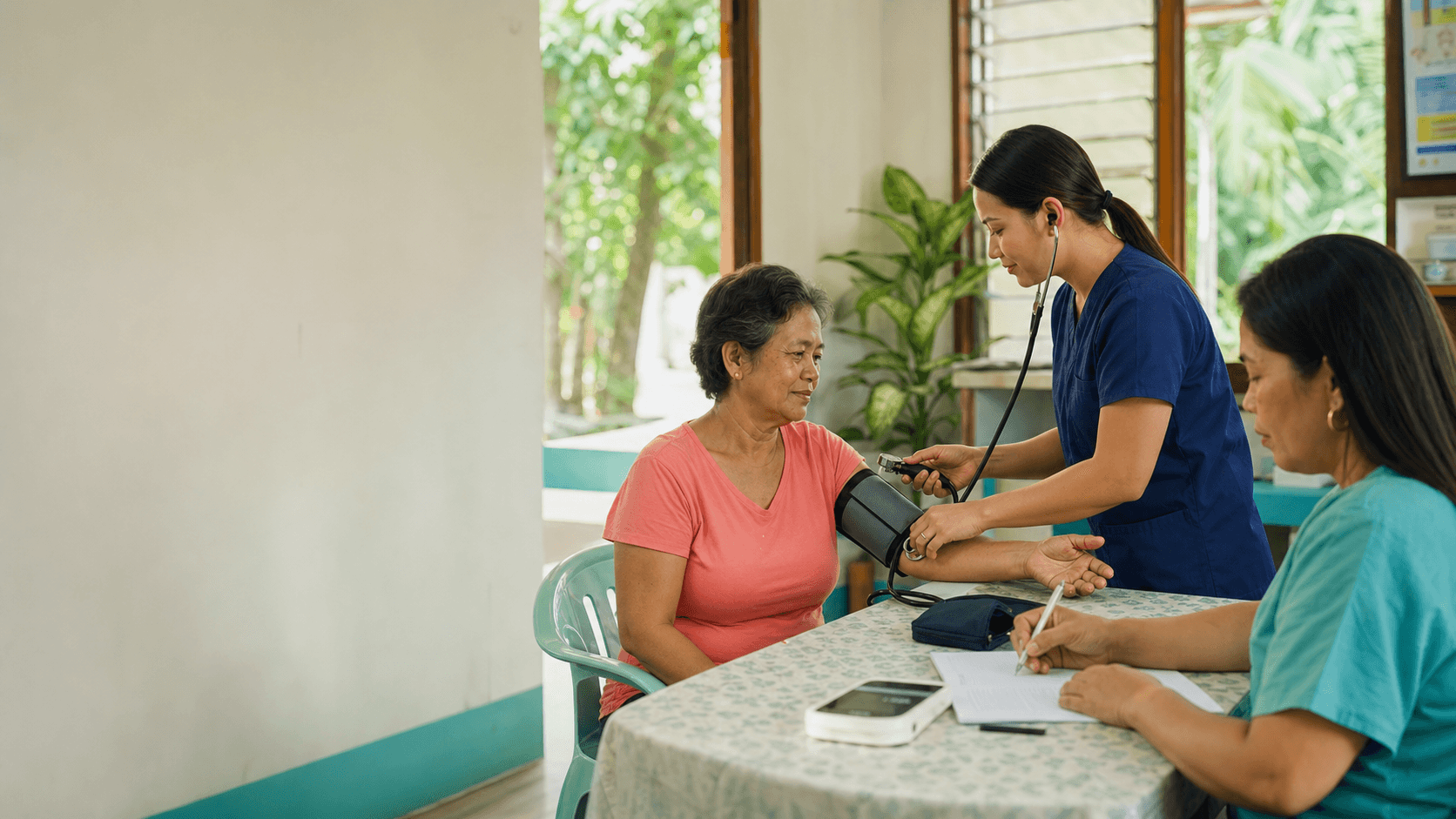 AI-generated editorial concept of a community health worker checking a woman’s blood pressure.