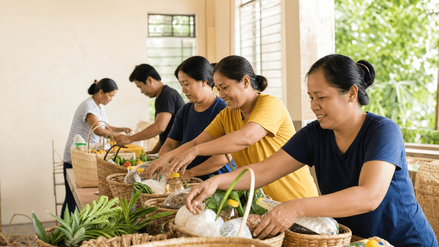 AI-generated editorial concept of adults arranging baskets of fresh food.