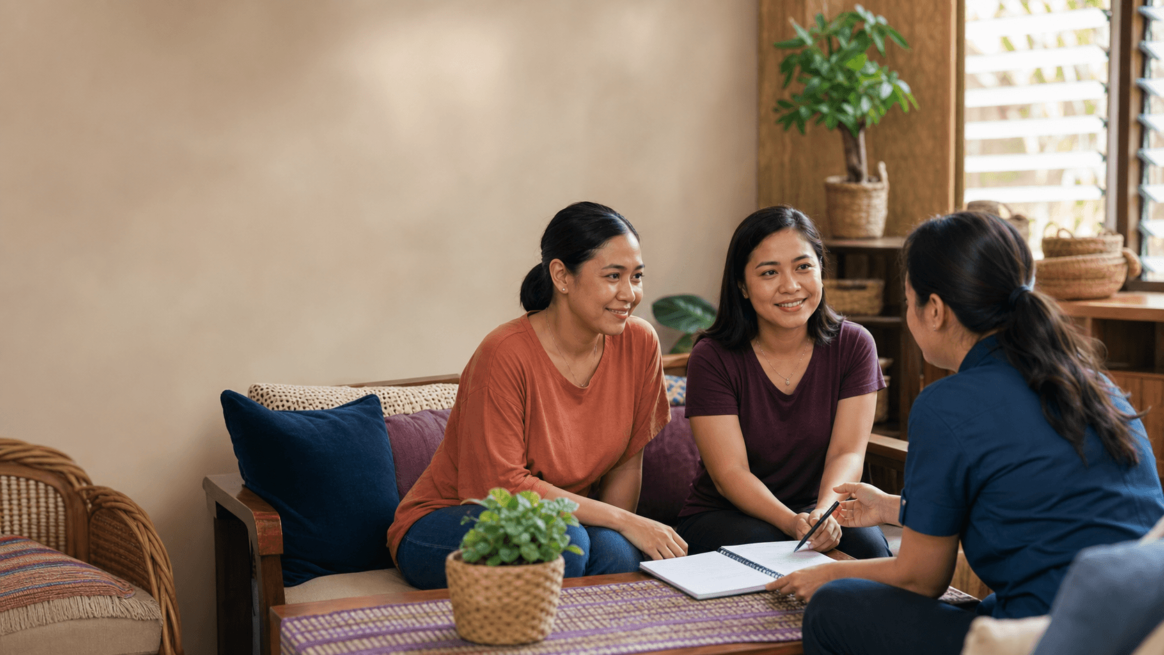 AI-generated editorial concept of two women speaking with a community support worker.