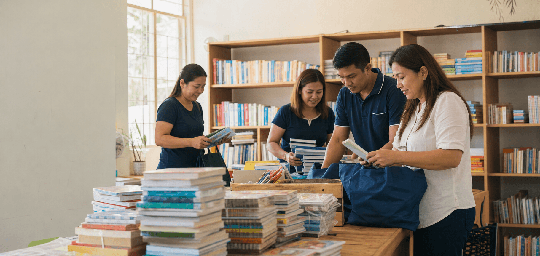AI-generated editorial concept of adults organizing books and learning materials.