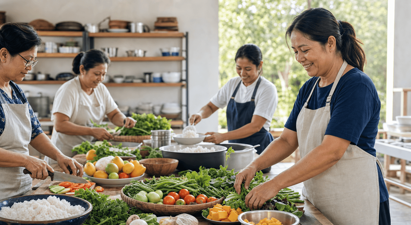 Community nutrition workers preparing fresh ingredients and balanced meals.
