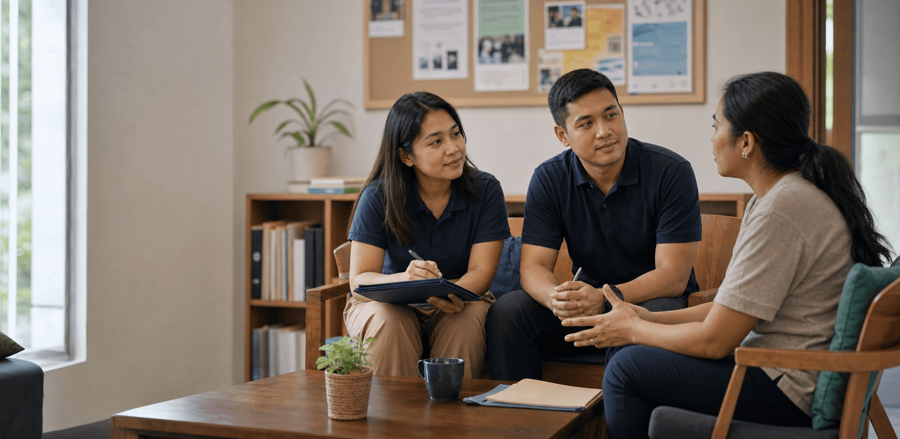 Social workers listening to an adult community member in a welcoming resource center.