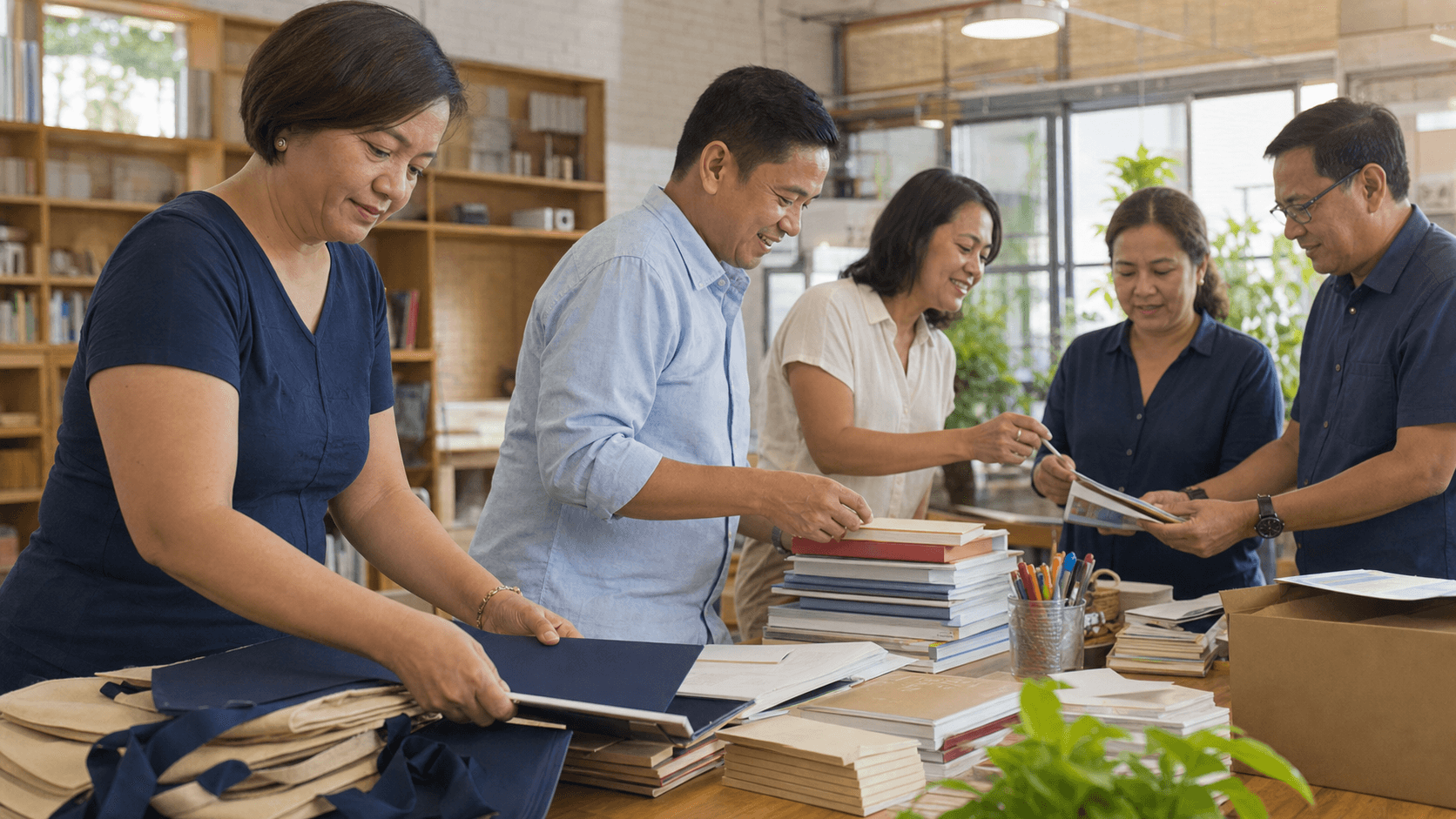 AI-generated editorial concept of adults organizing books, folders, and program materials.