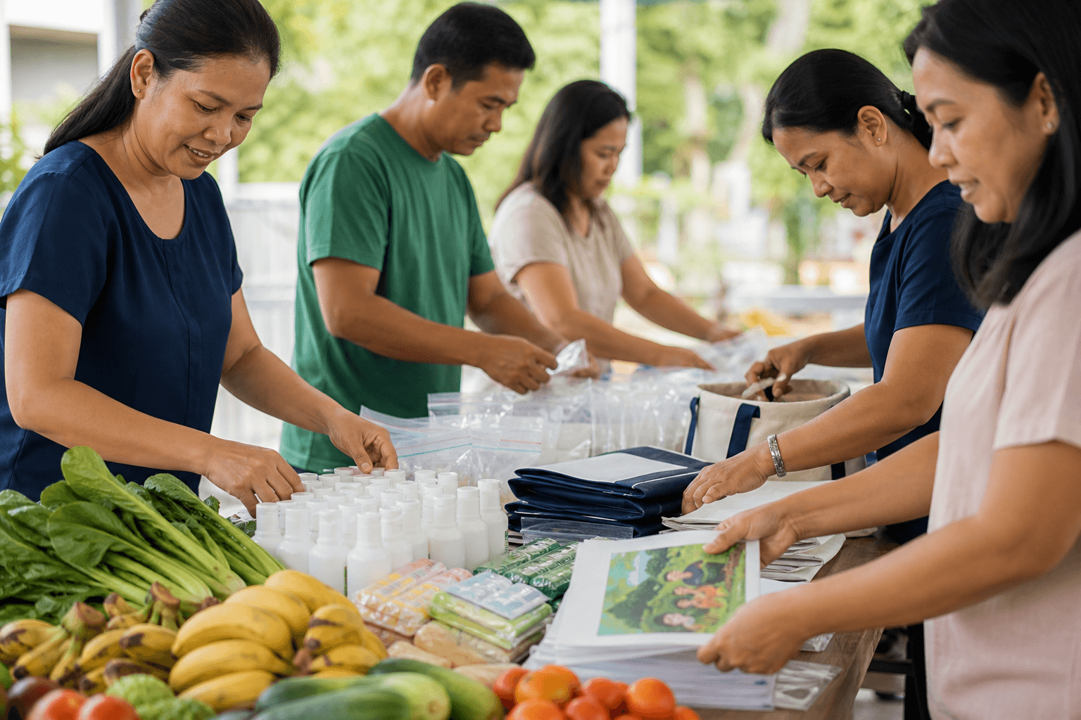 Community workers preparing fresh produce and preventive health supplies.