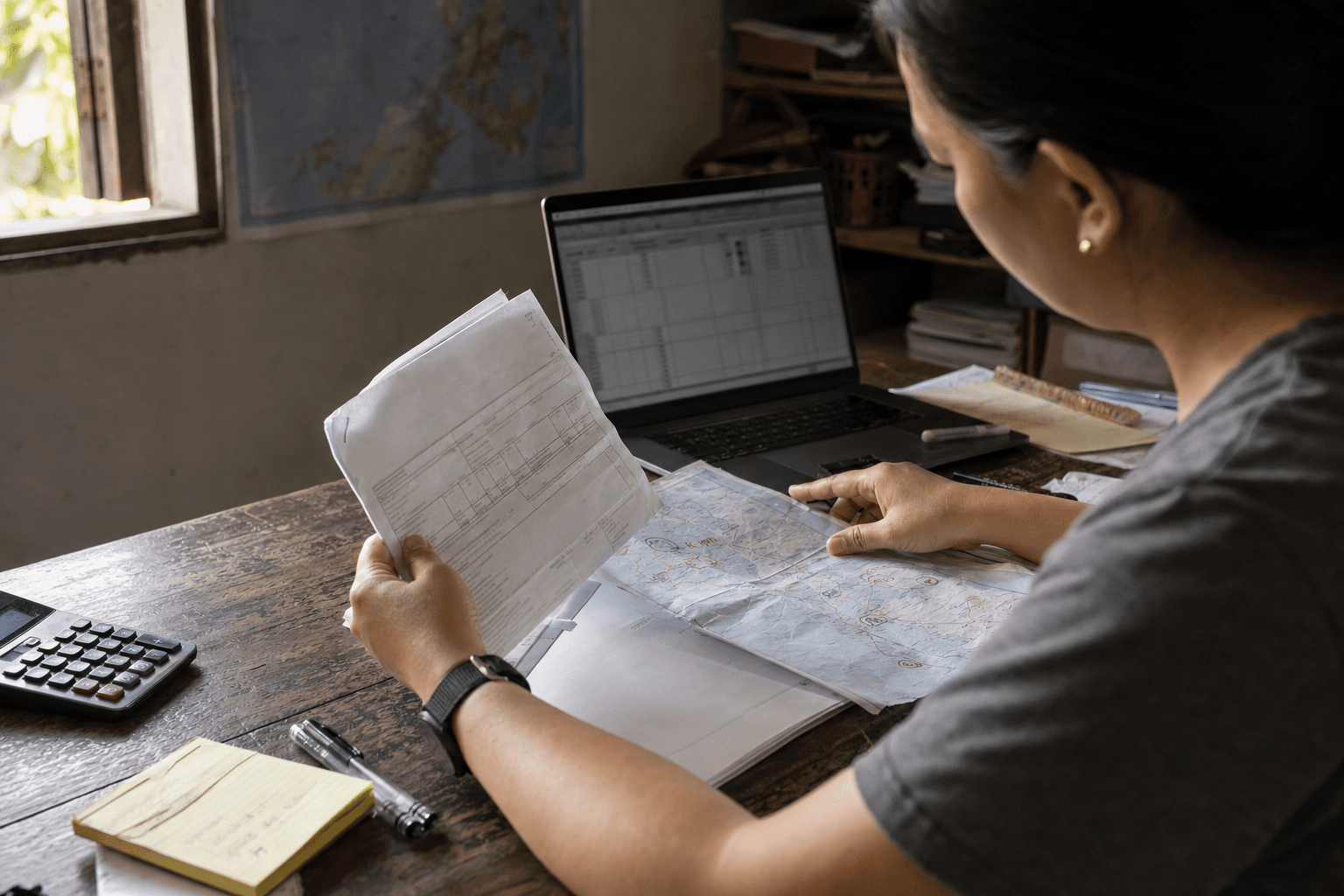 A nonprofit grants officer comparing field documentation with a marked map and digital records.