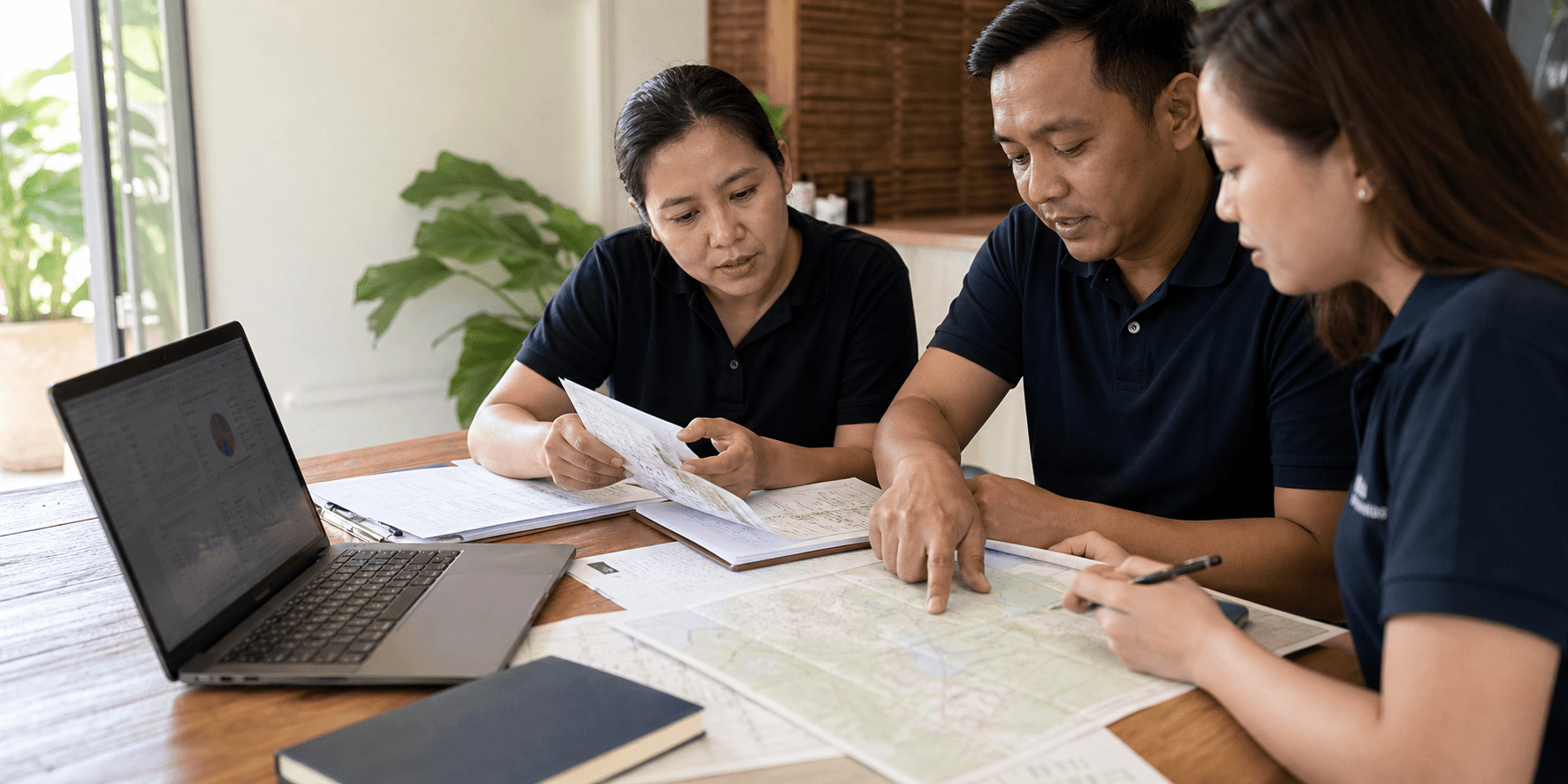AI-generated editorial concept of adults reviewing grant records, a field map, and digital reporting.